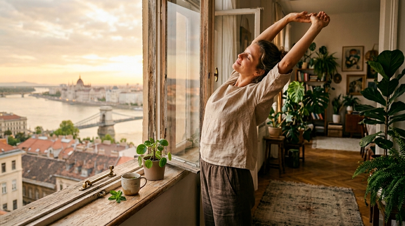 Nő nyújtózkodik a reggeli napfényben egy budapesti lakás ablakánál